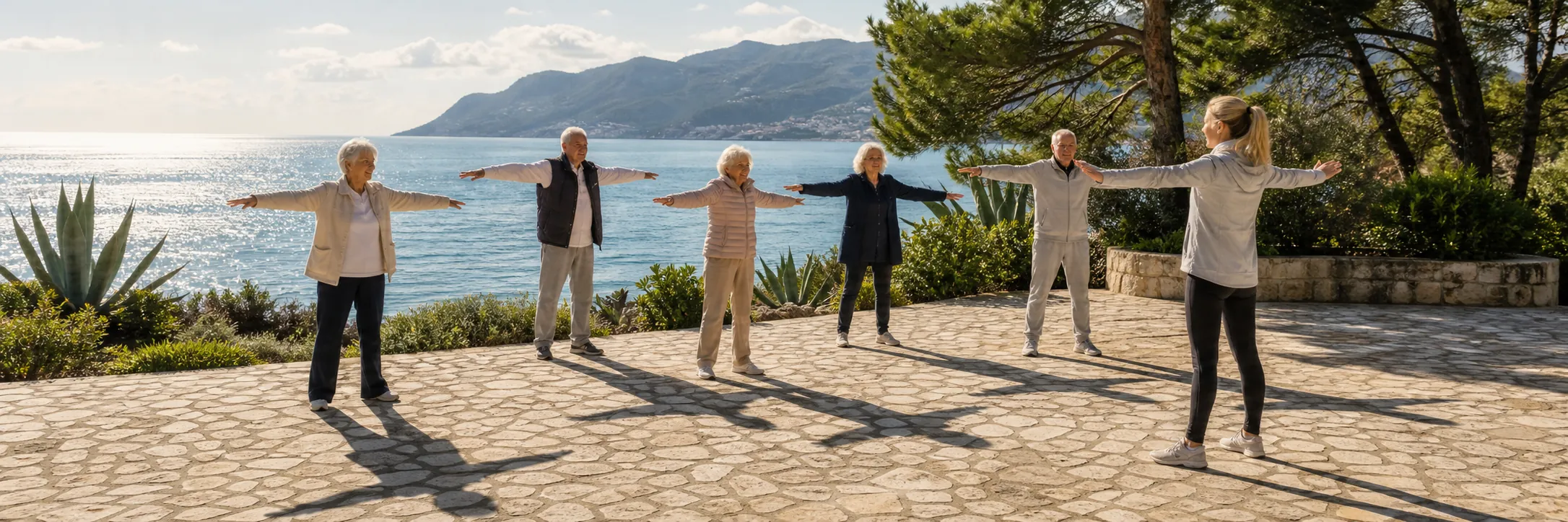 Ältere Bewohner machen mit einer Trainerin leichte Gymnastik auf einer Terrasse am Meer im winterlichen Budva.