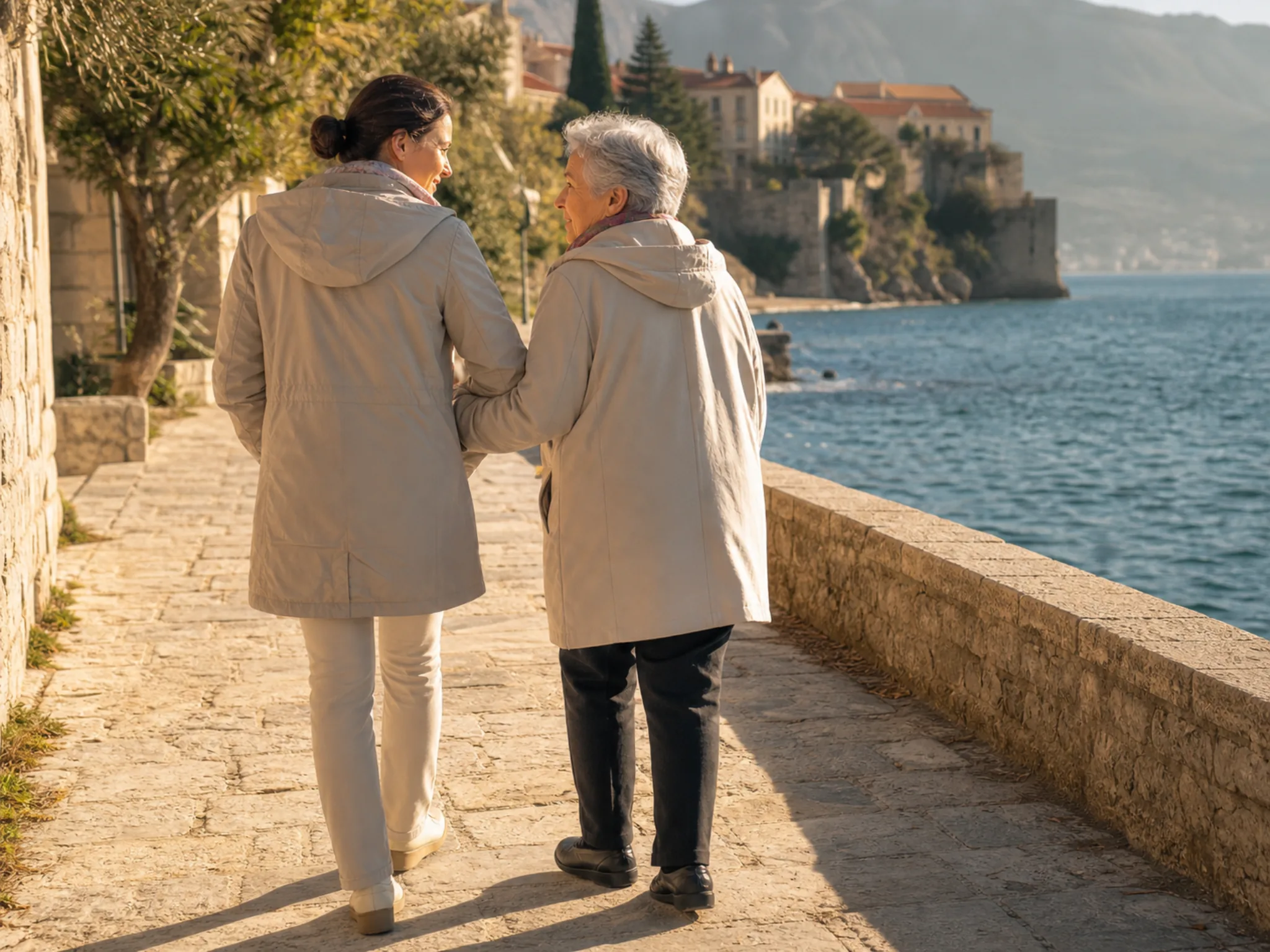 Eine Betreuungskraft begleitet eine ältere Bewohnerin bei einem Spaziergang an der winterlichen Uferpromenade von Budva.