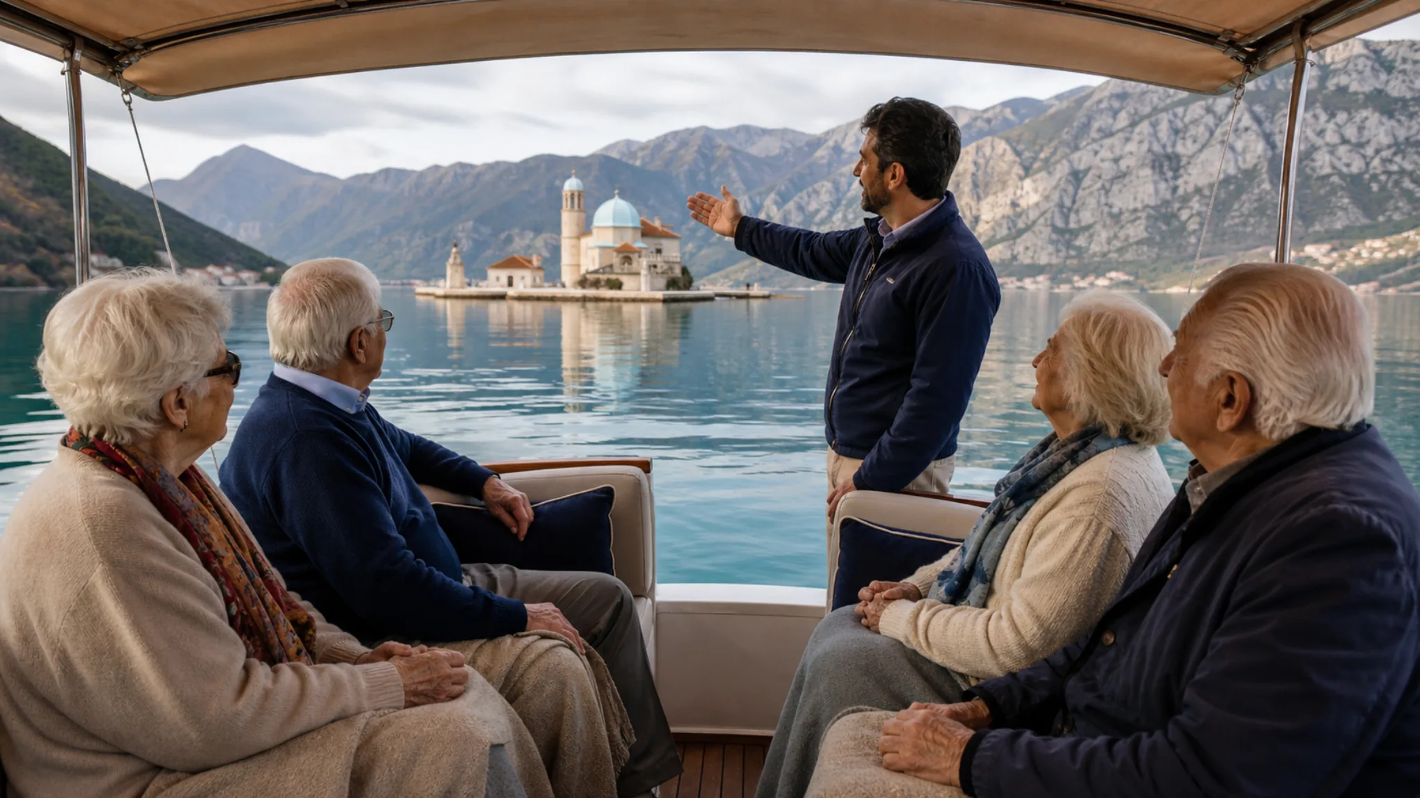 Ältere Passagiere auf einem überdachten Ausflugsboot mit Blick auf die Inselkirche Gospa od Škrpjela.