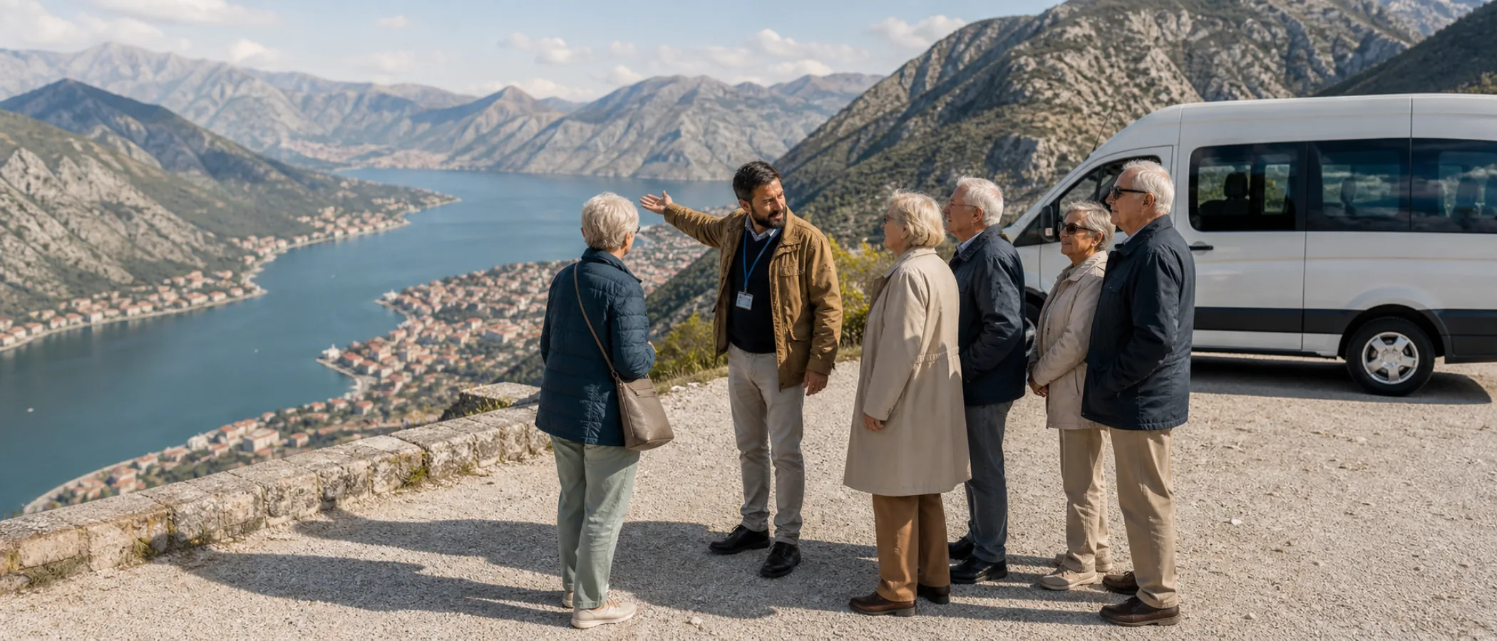 Ältere Reisende mit Guide und Kleinbus an einem Aussichtspunkt über der Bucht von Kotor.