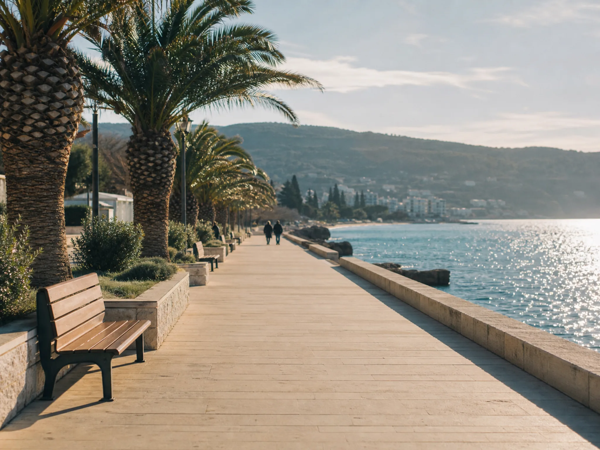Ebene Uferpromenade in Budva mit Palmen, Bänken und Wintersonne über der Adria.