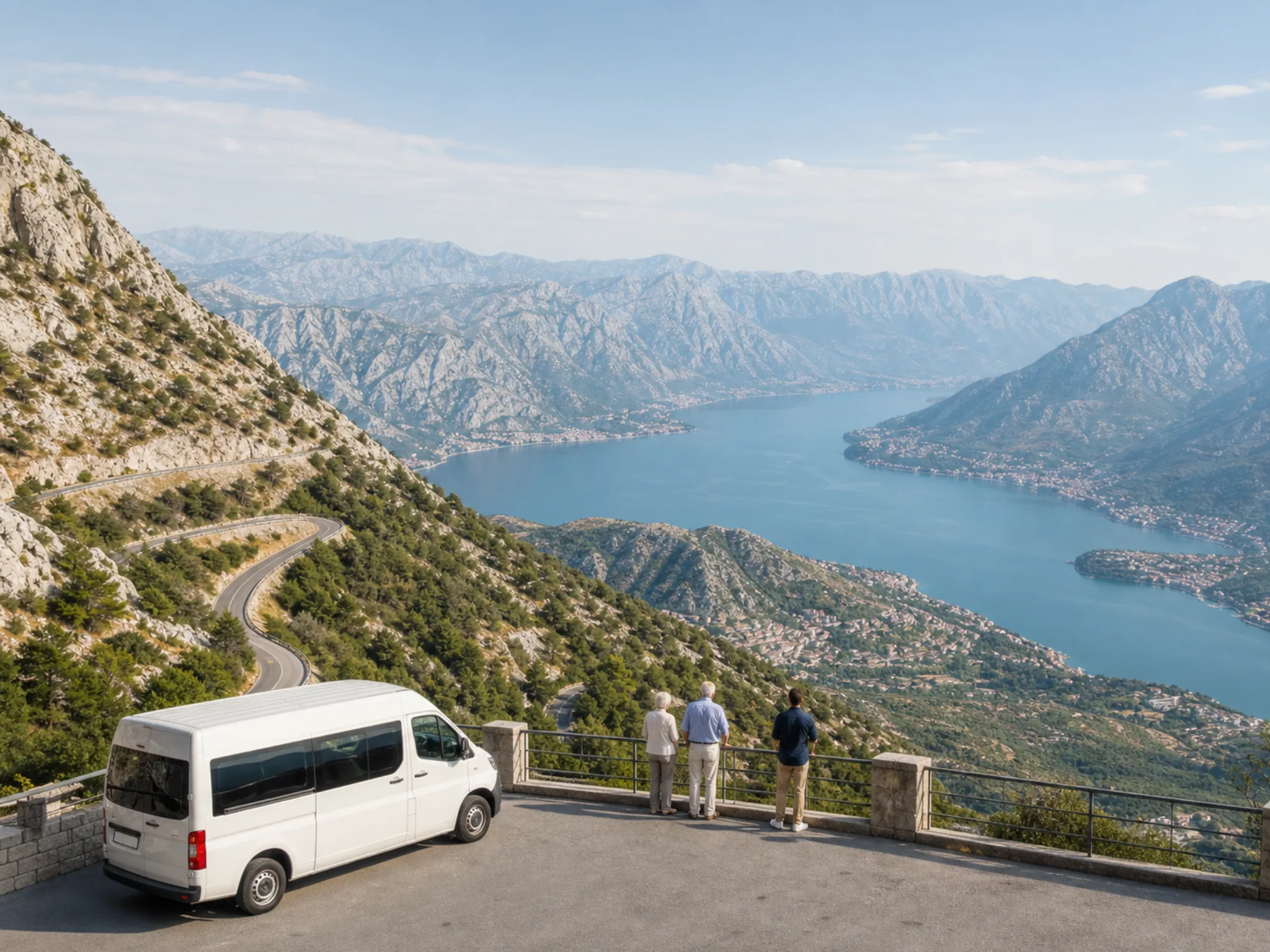 Zwei ältere Gäste und eine Begleitperson an einem Aussichtspunkt am Lovćen mit Blick auf die Bucht von Kotor.