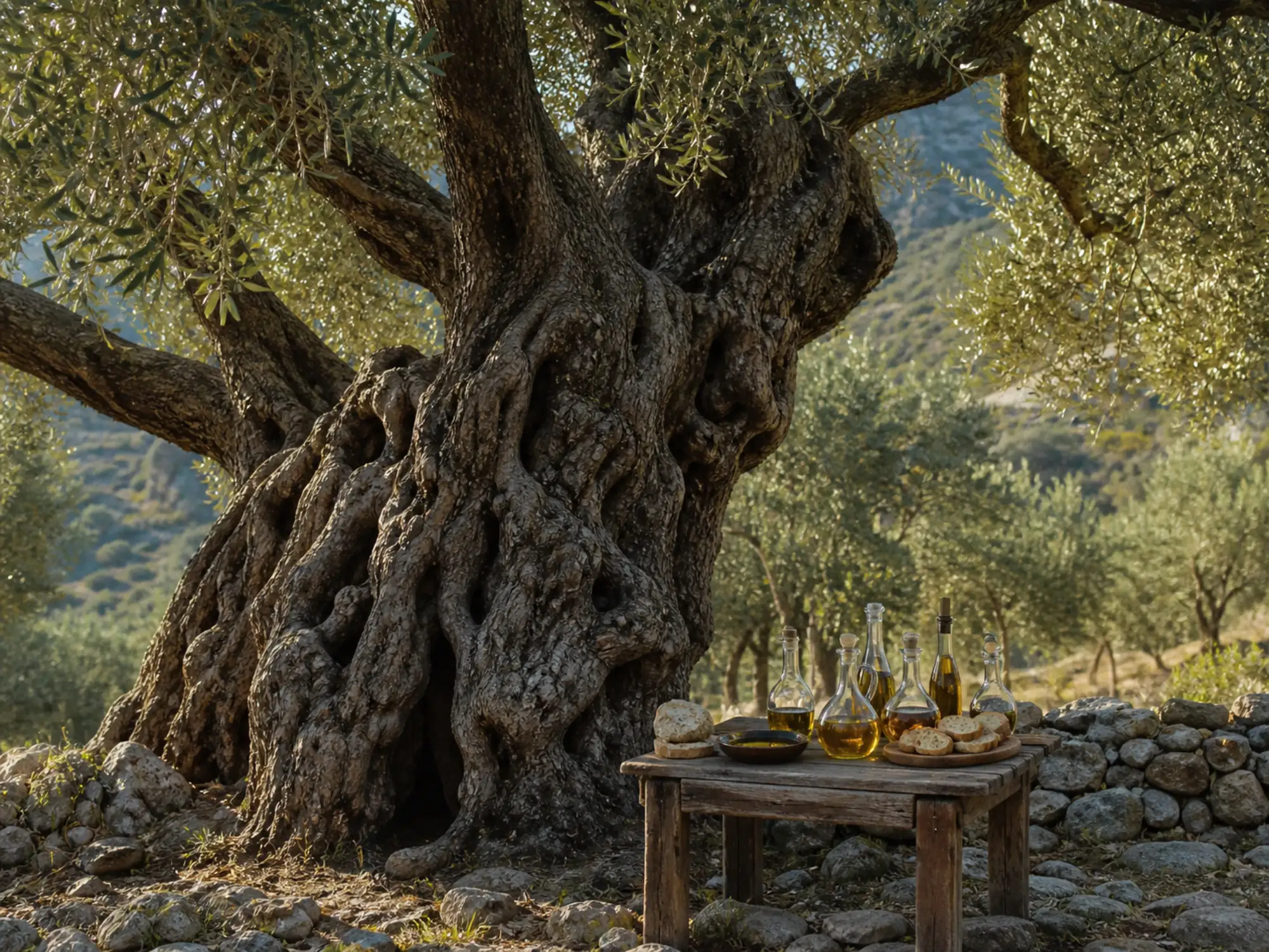 Monumentaler alter Olivenbaum bei Bar mit Olivenöl und Brot auf einem Verkostungstisch.