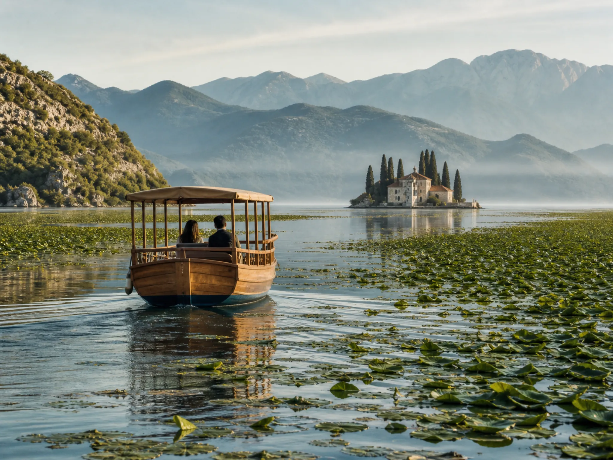 Überdachtes Holzboot auf dem Skadar-See zwischen Seerosenfeldern und einer Klosterinsel.