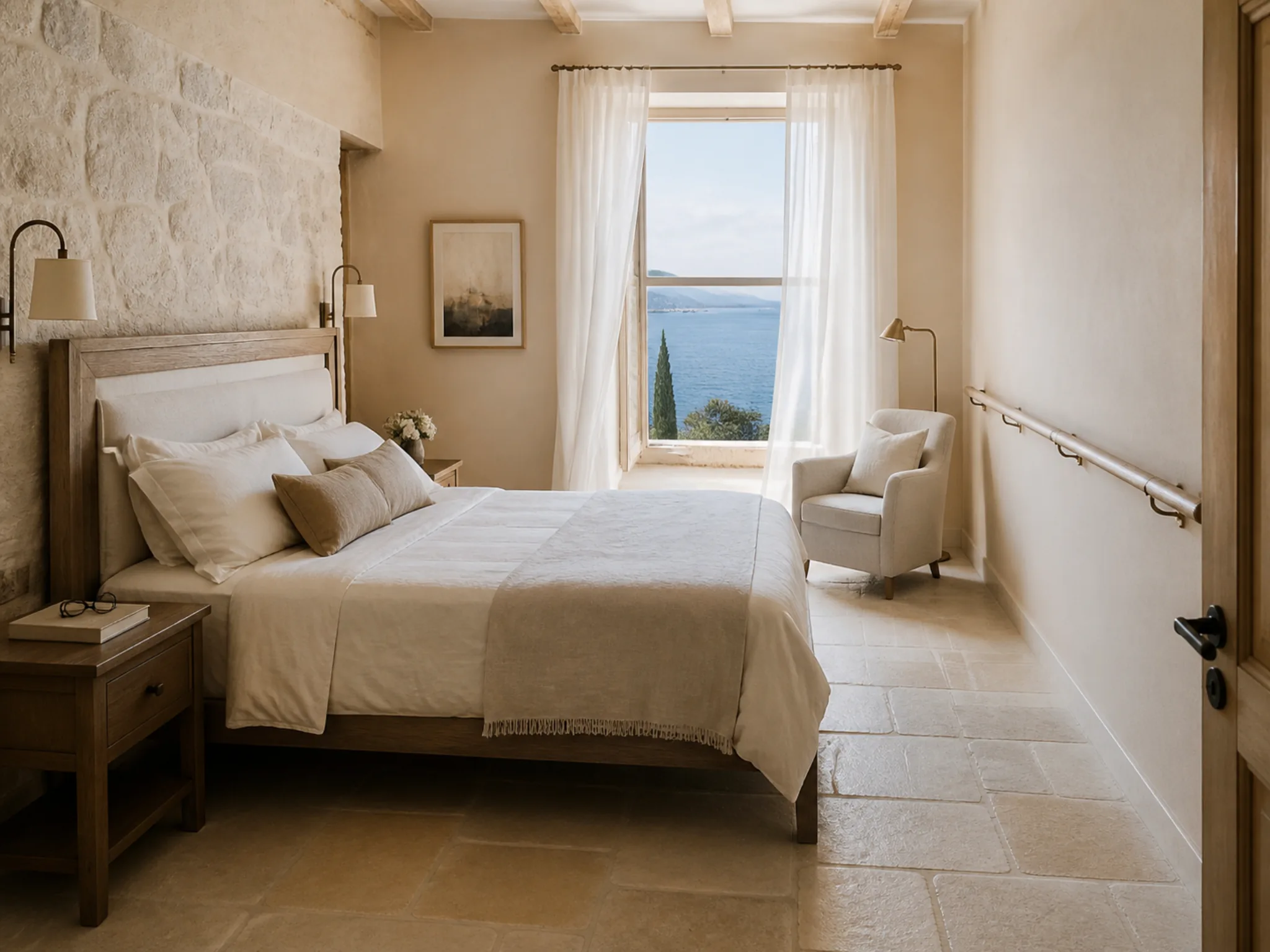 Helles barrierefreies Zimmer mit Holzbett, Handlauf, Sessel und Blick auf die Adria.