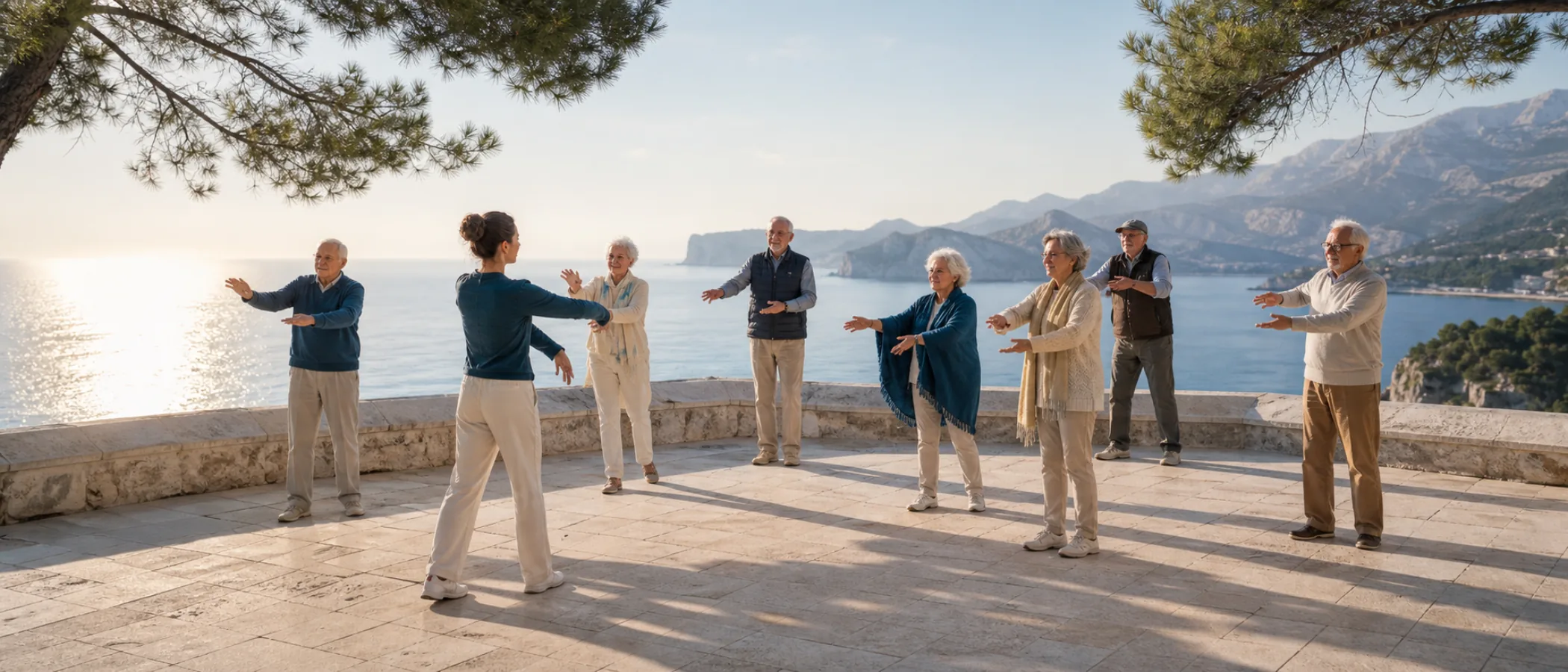 Ältere Bewohner machen mit einer Trainerin sanfte Morgengymnastik auf einer Terrasse über der Adria.