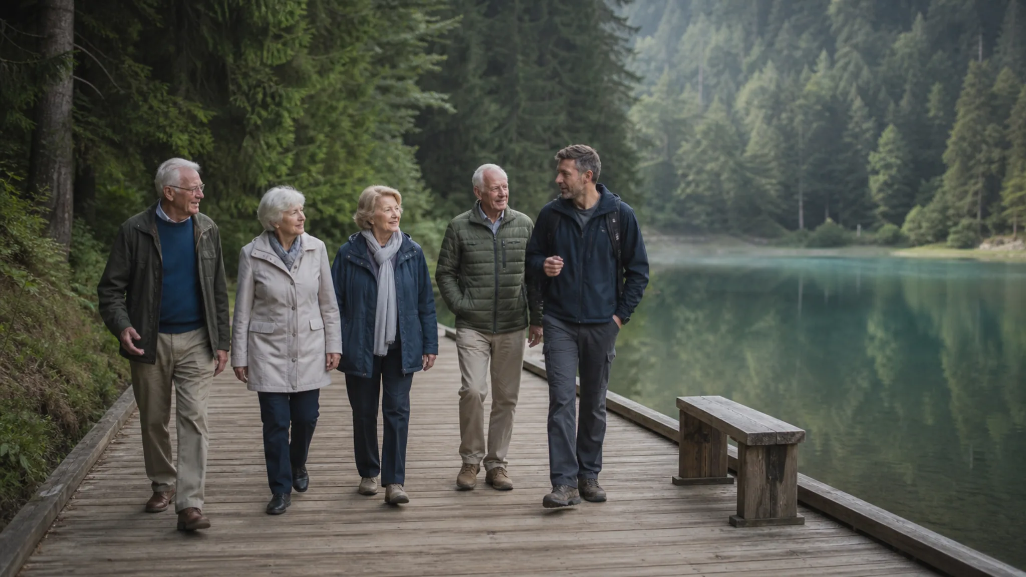 Kleine Gruppe älterer Gäste mit Begleitung auf einem ebenen Holzsteg an einem montenegrinischen Bergsee.